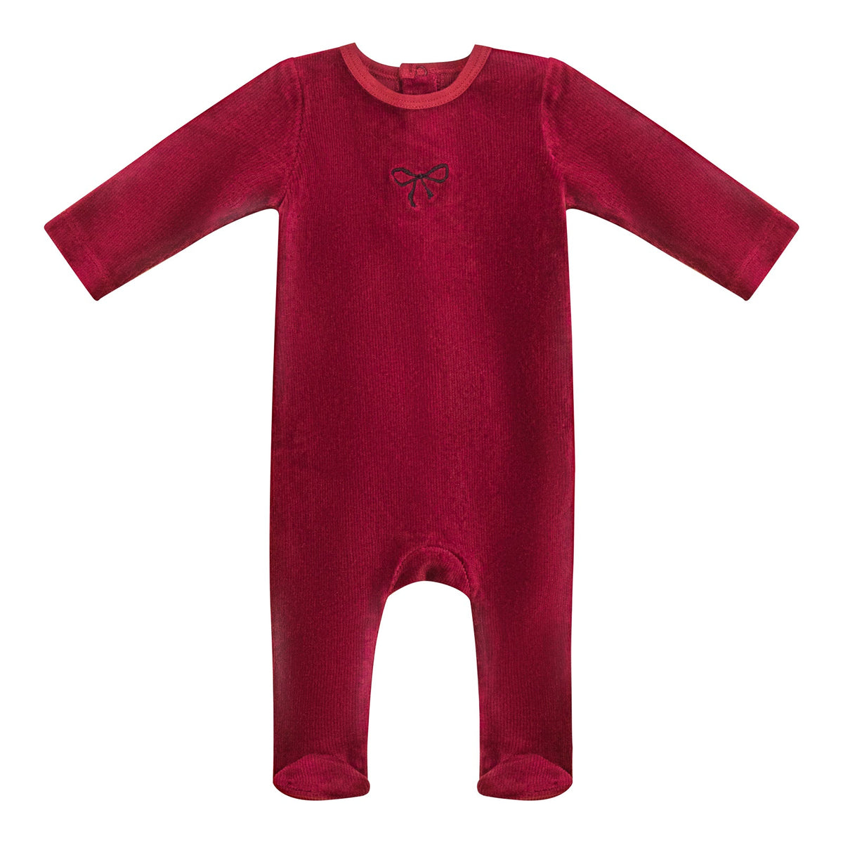 Ribbed Velour with Embroidered Bow Footie Burgundy