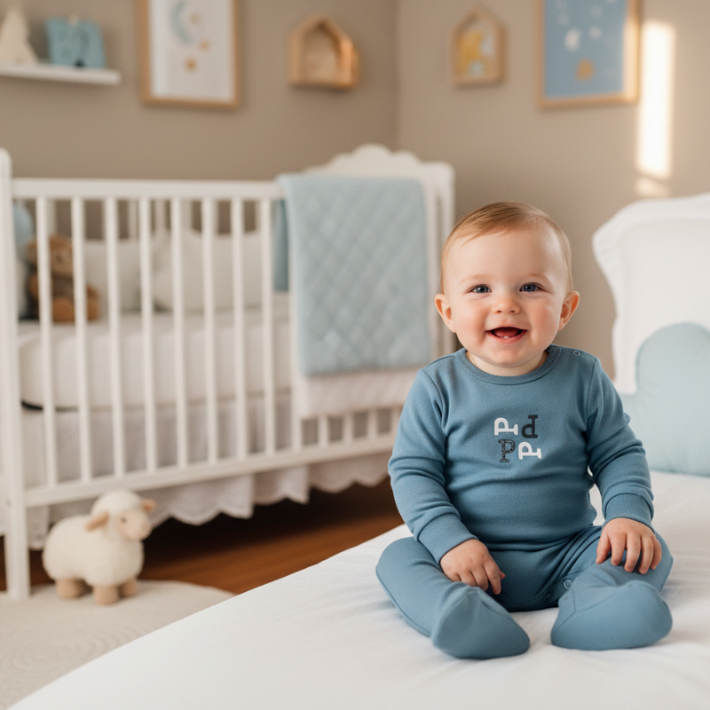 Baby boy in blue footie with cloud pillows and crib