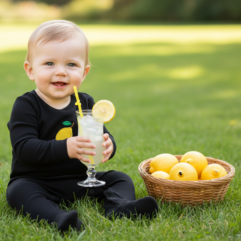 Baby boy in lemon footie with dainty lemonade glass