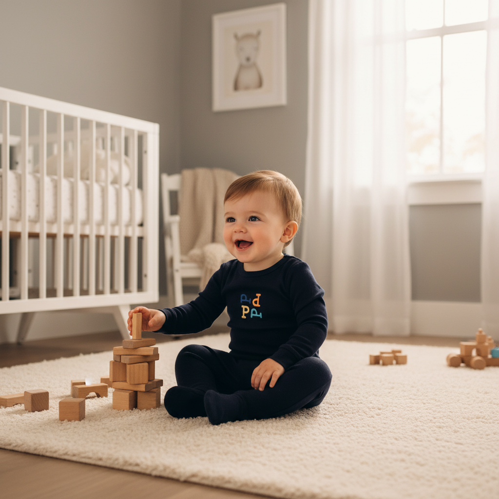 Baby boy in Papa footie in nursery