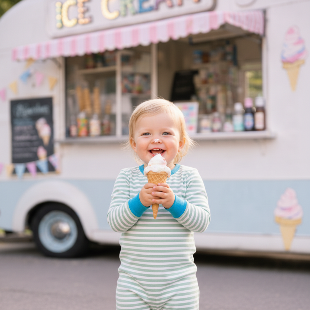 Baby boy in striped footie with ice cream