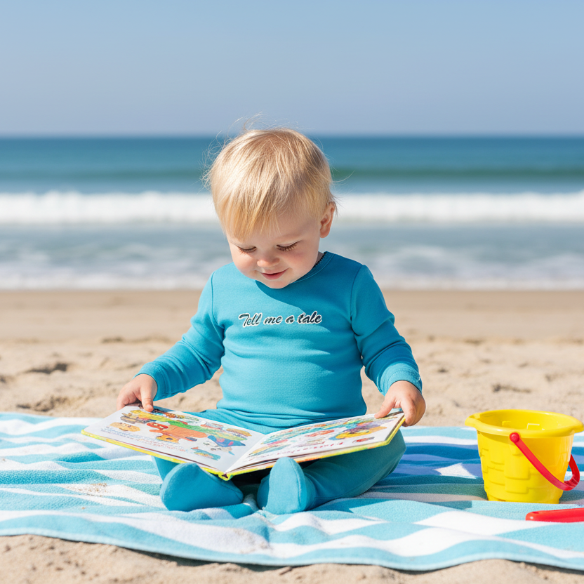 Baby boy in turquoise Tell me a tale footie reading on beach