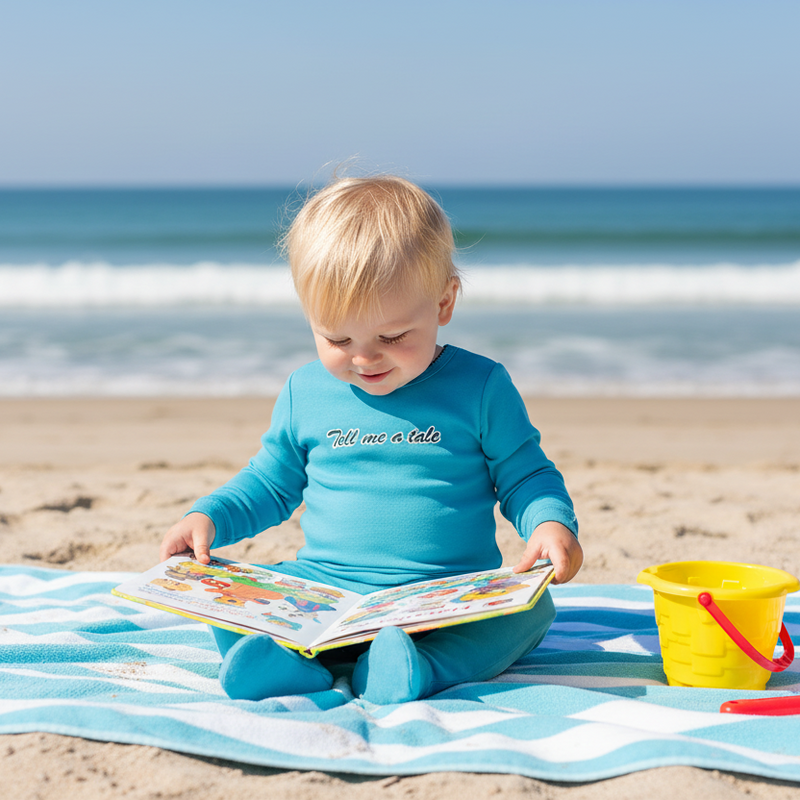 Baby boy in turquoise Tell me a tale footie reading on beach