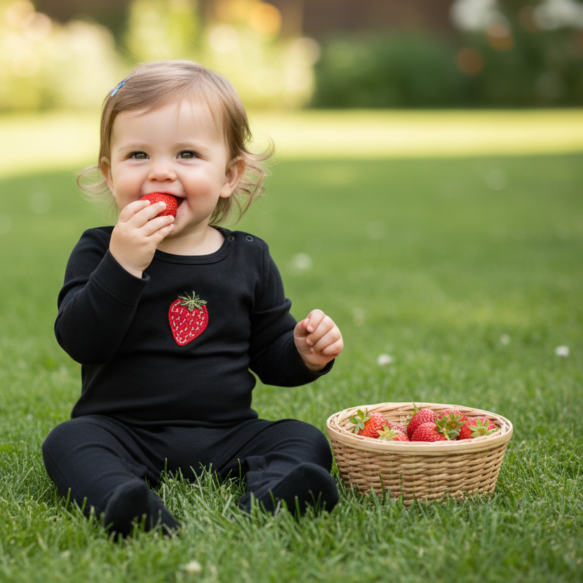 Baby girl in black strawberry footie matching product design