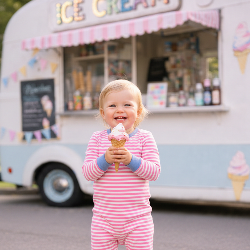 Baby girl in pink striped footie with soft serve ice cream