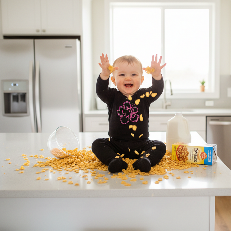 Baby in flower footie making mess with cornflakes on counter