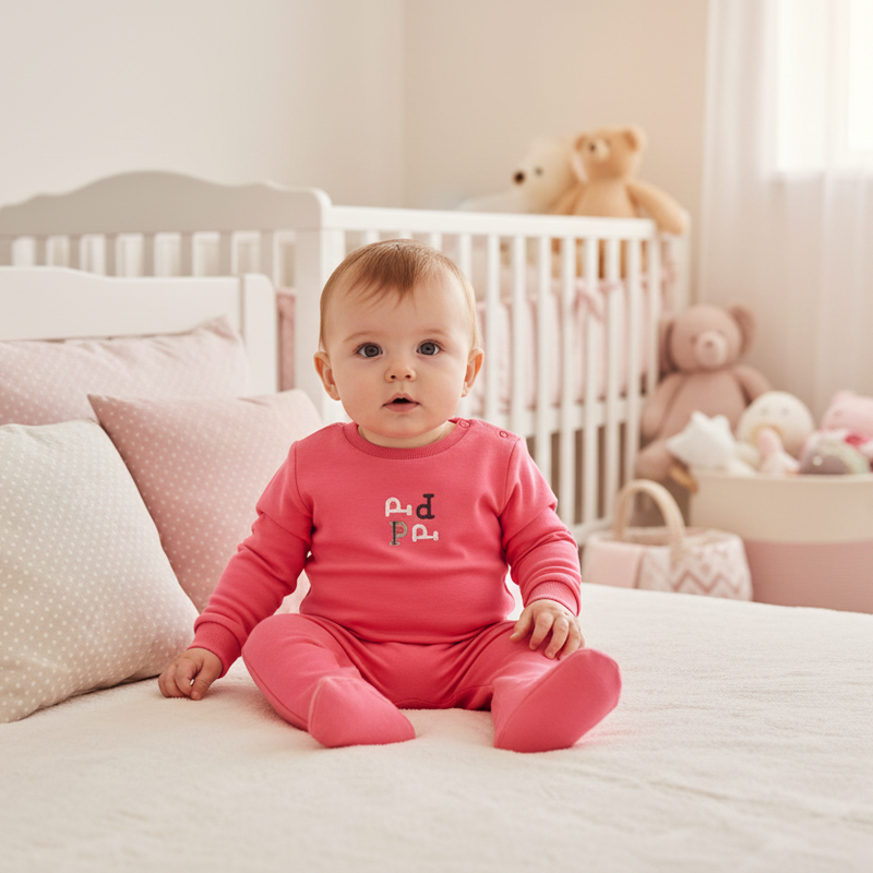 Baby in pink footie with completely smooth front