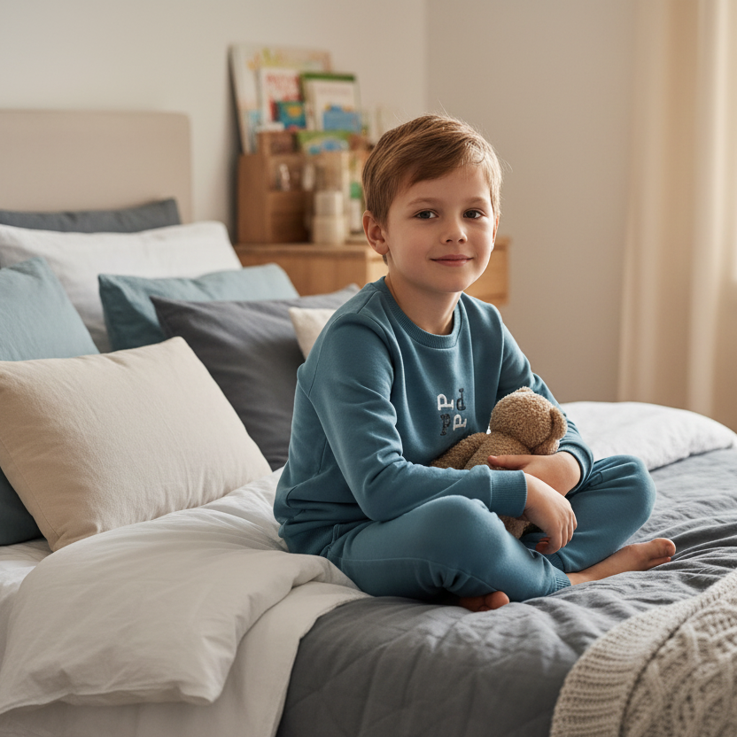 Bigger boy in blue two-piece pajama set