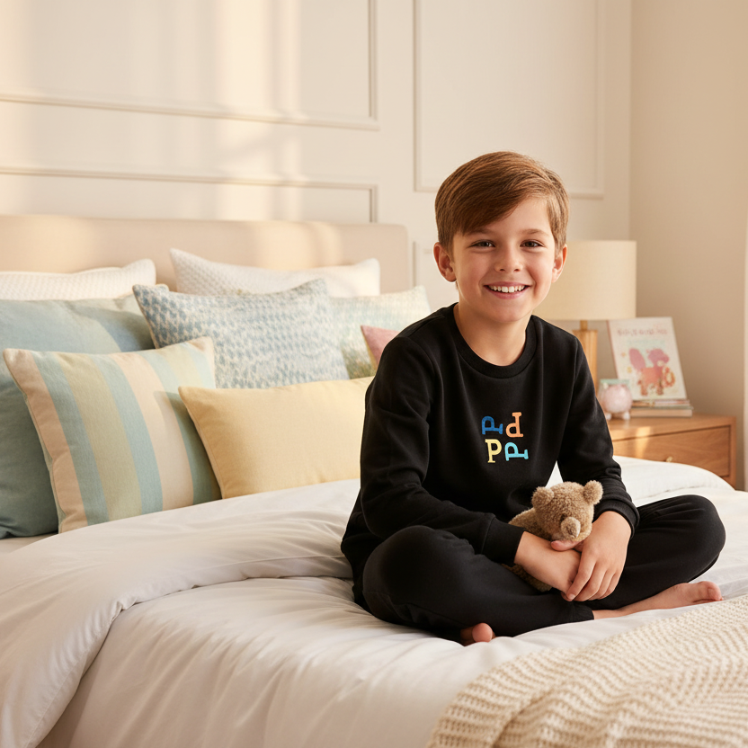 Boy in black two-piece pajamas with colorful P design