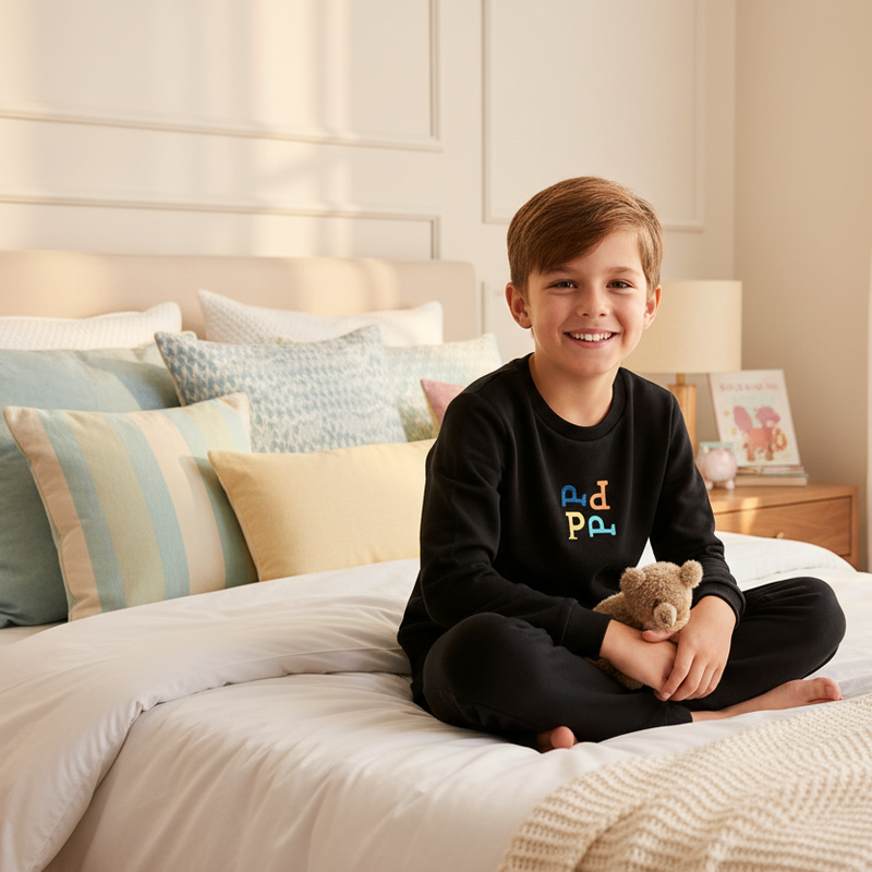 Boy in black two-piece pajamas with colorful P design