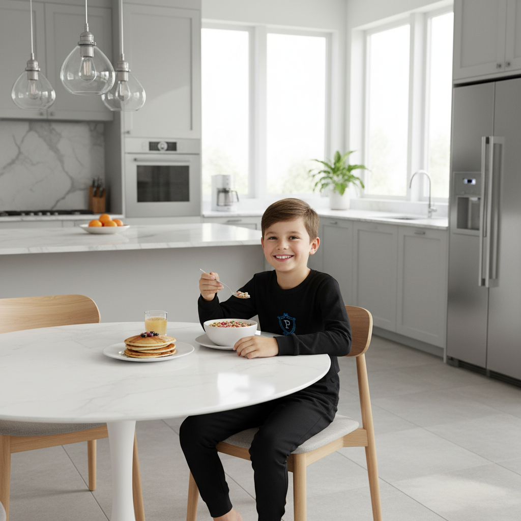 Boy in black two-piece set in modern kitchen