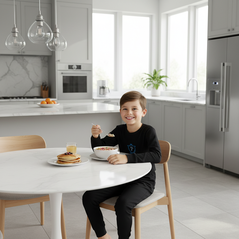 Boy in black two-piece set in modern kitchen