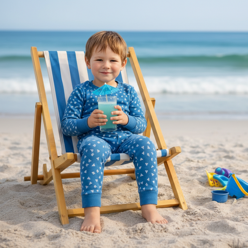 Boy in blue floral pajamas on beach chair