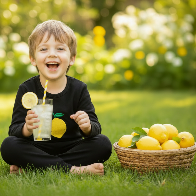 Boy in lemon pajamas with angled lemon design