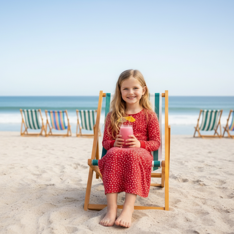 Full-length girl in red floral dress on beach chair showing toes
