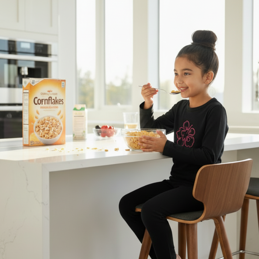 Girl eating cereal with milk carton and scattered crumbs