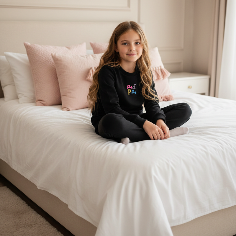 Girl in black two-piece set with pink pillows