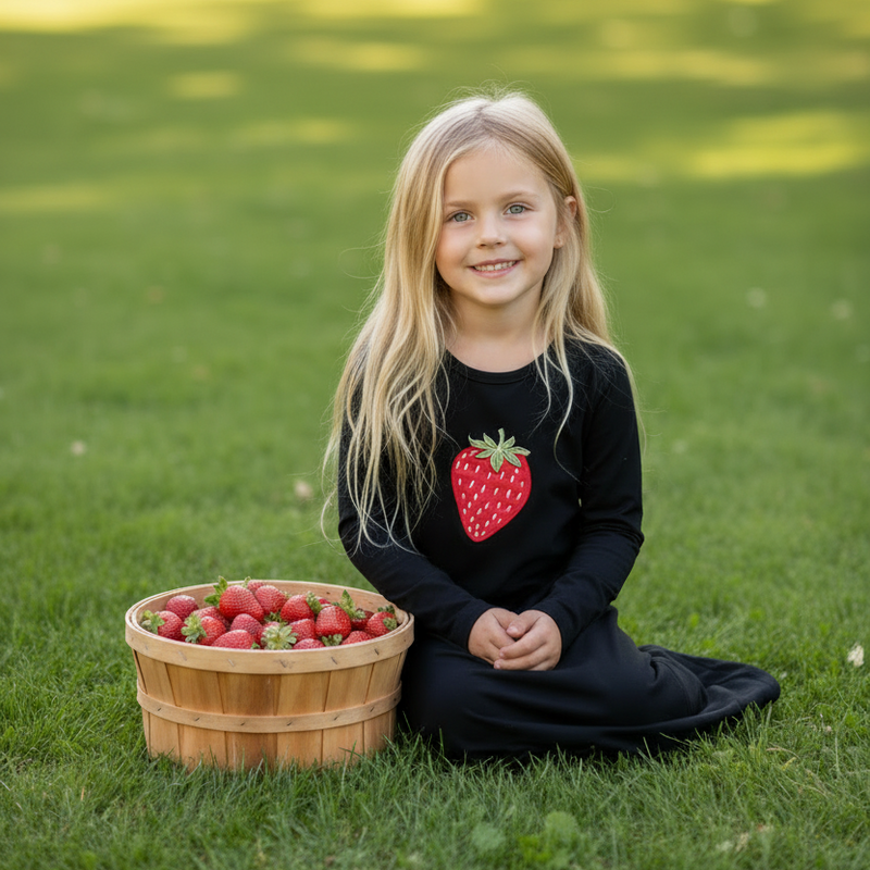 Girl Sitting on Grass with Strawberry Basket