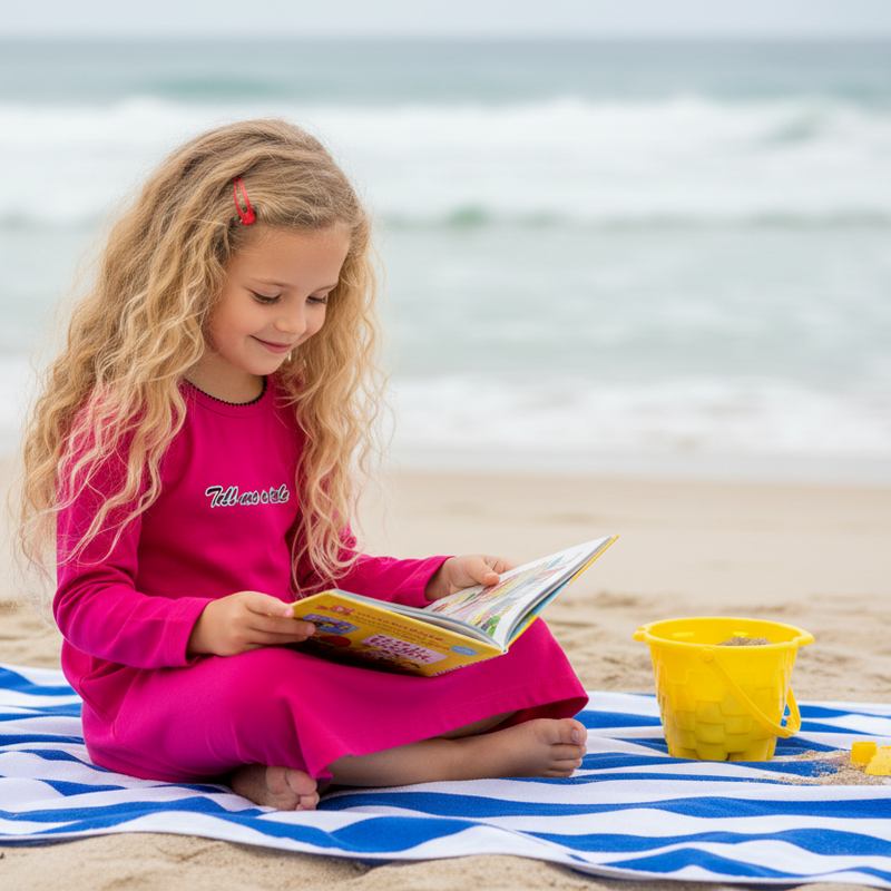 Girl with fuller flowing hair in pink dress on beach