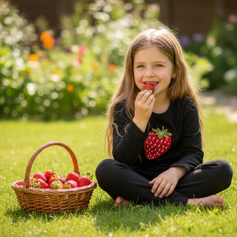 Girl with loose hair in black strawberry pajamas on grass