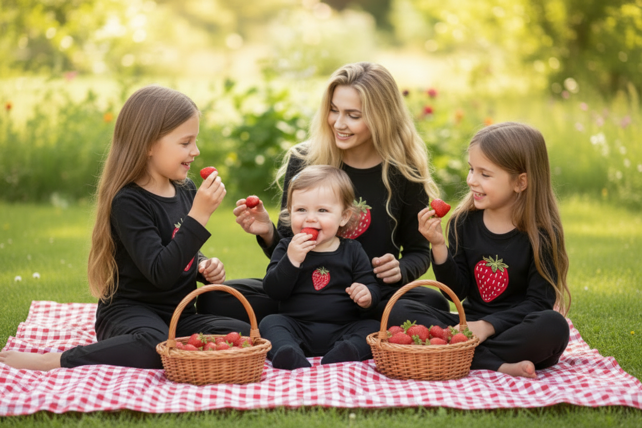 Three generations strawberry pajama picnic on red and white tablecloth