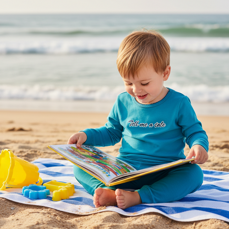 Toddler boy in turquoise pajamas with normal feet