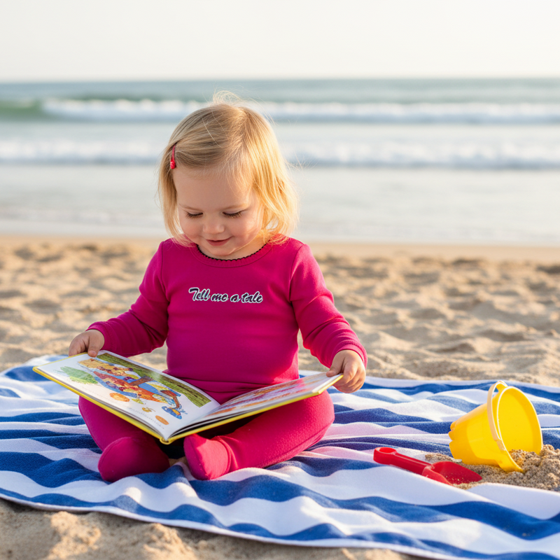 Toddler in pink Tell me a tale footie reading on beach