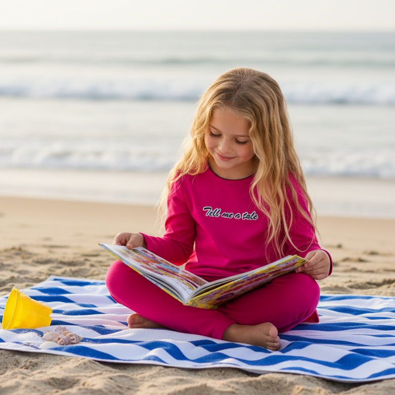 Young blonde girl in pink Tell me a tale pajamas on beach