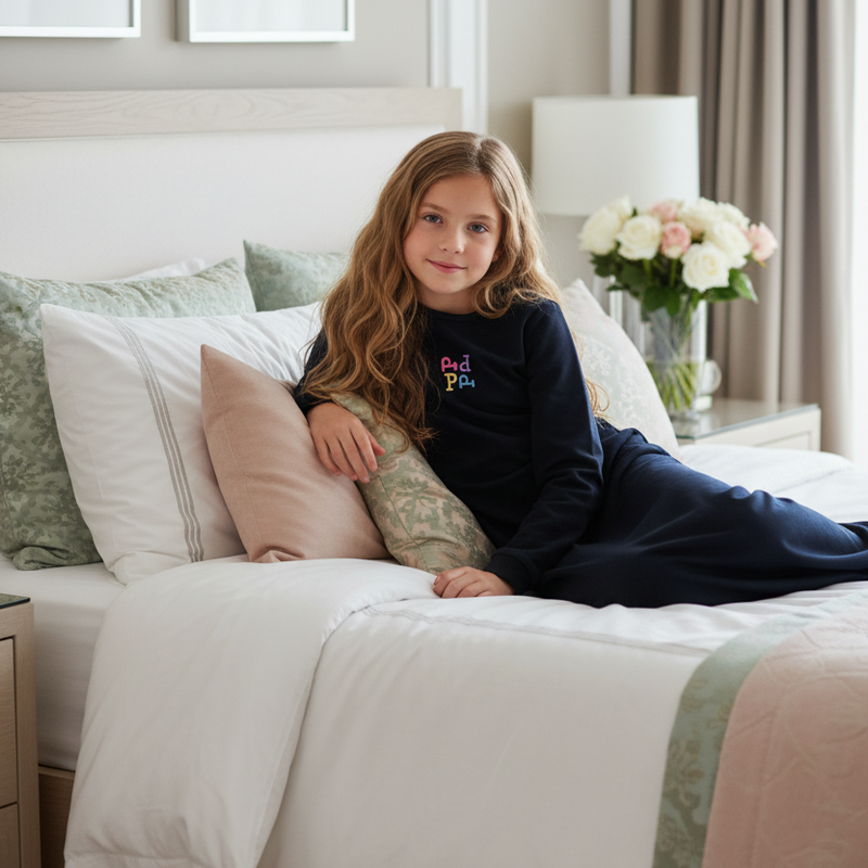 Young girl in navy lounge dress in elegant bedroom