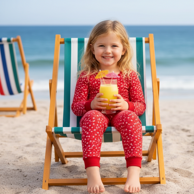 Young girl in red floral two-piece pajamas on beach chair