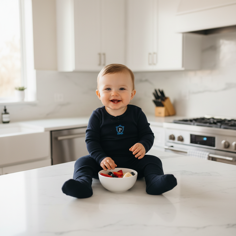 Younger baby boy in navy footie